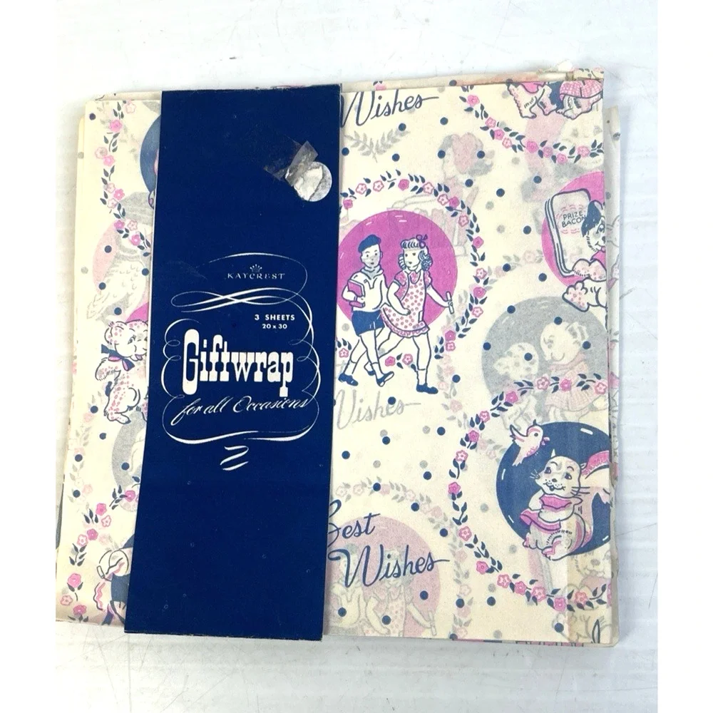 Kaycrest Gift Wrap Vintage Paper Pink Blue 3 Pcs 20 x 30 Ephemeral All Occasions